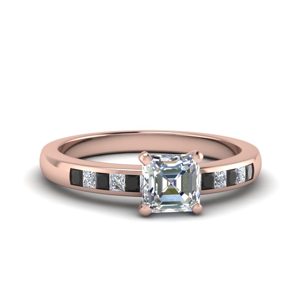 Asscher Shaped Channel Princess Cut Petite Ring with Black Diamond in 14K Rose Gold