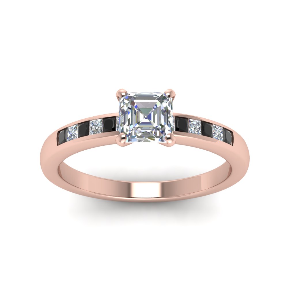 Asscher Shaped Channel Princess Cut Petite Ring with Black Diamond in 14K Rose Gold