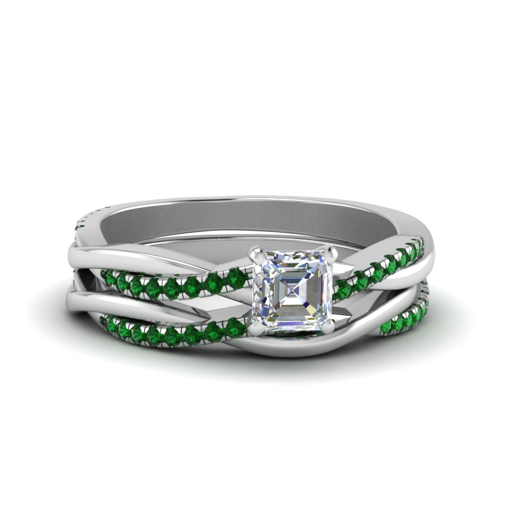 asscher cut Infinity twist diamond matching bridal set with emerald in FD8253ASGEMGR NL WG