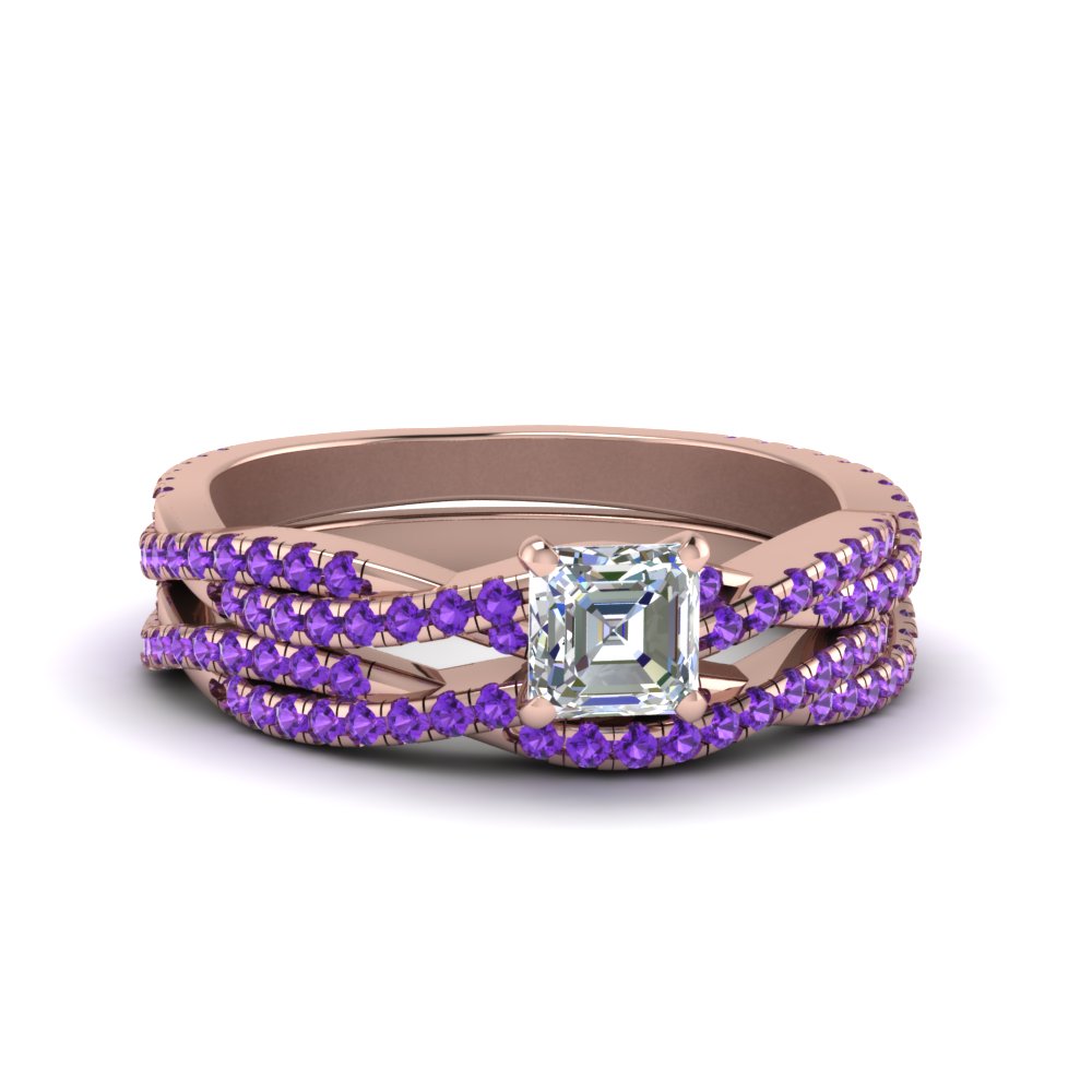 Asscher Shaped Braided Vine Bridal Set with Purple Amethyst in 14K Rose Gold