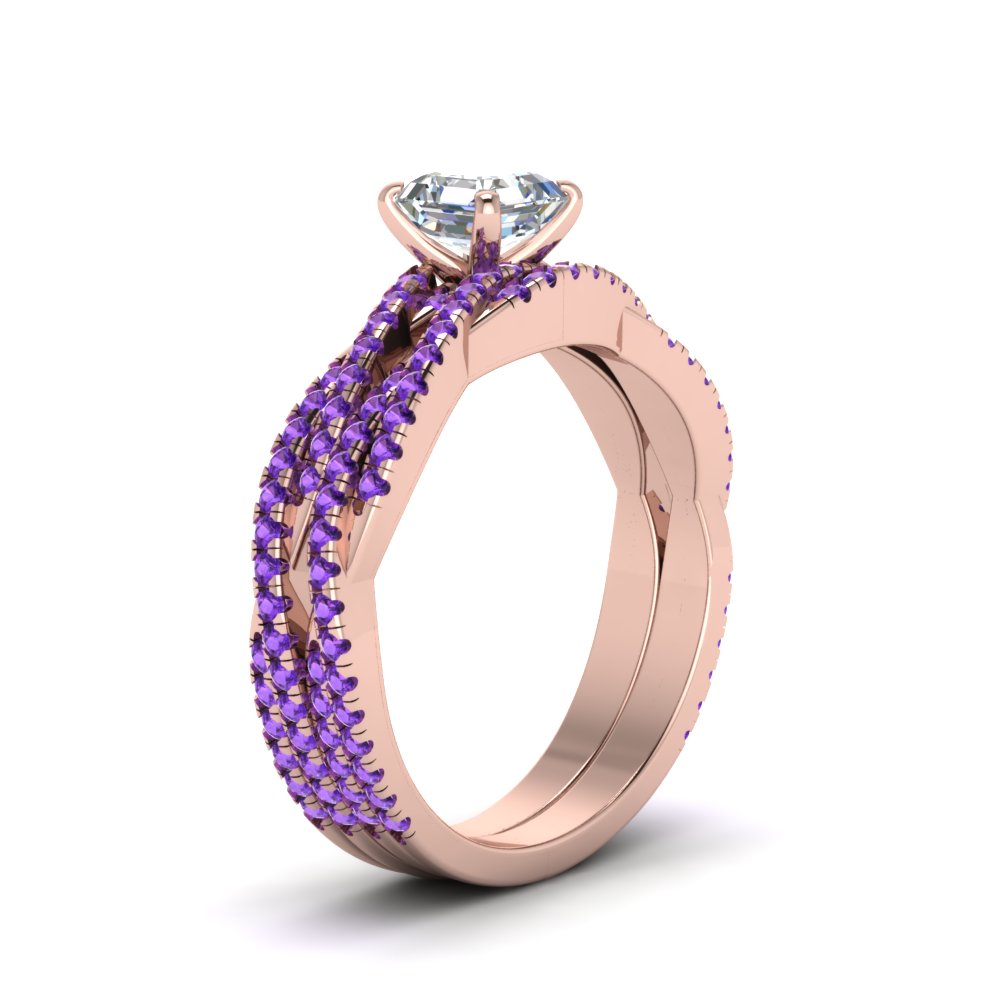 Asscher Shaped Braided Vine Bridal Set with Purple Amethyst in 14K Rose Gold
