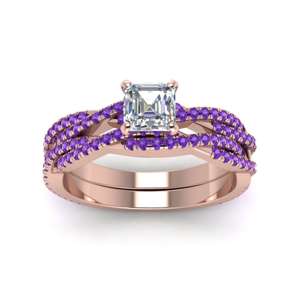 Asscher Shaped Braided Vine Bridal Set with Purple Amethyst in 14K Rose Gold