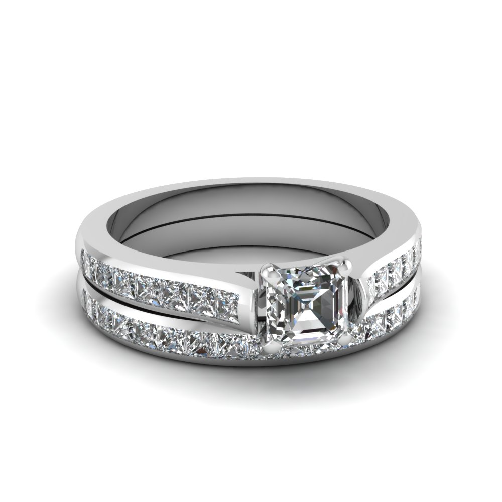 Asscher Cut Channel Set Diamond Wedding Ring Sets In 14K White Gold ...