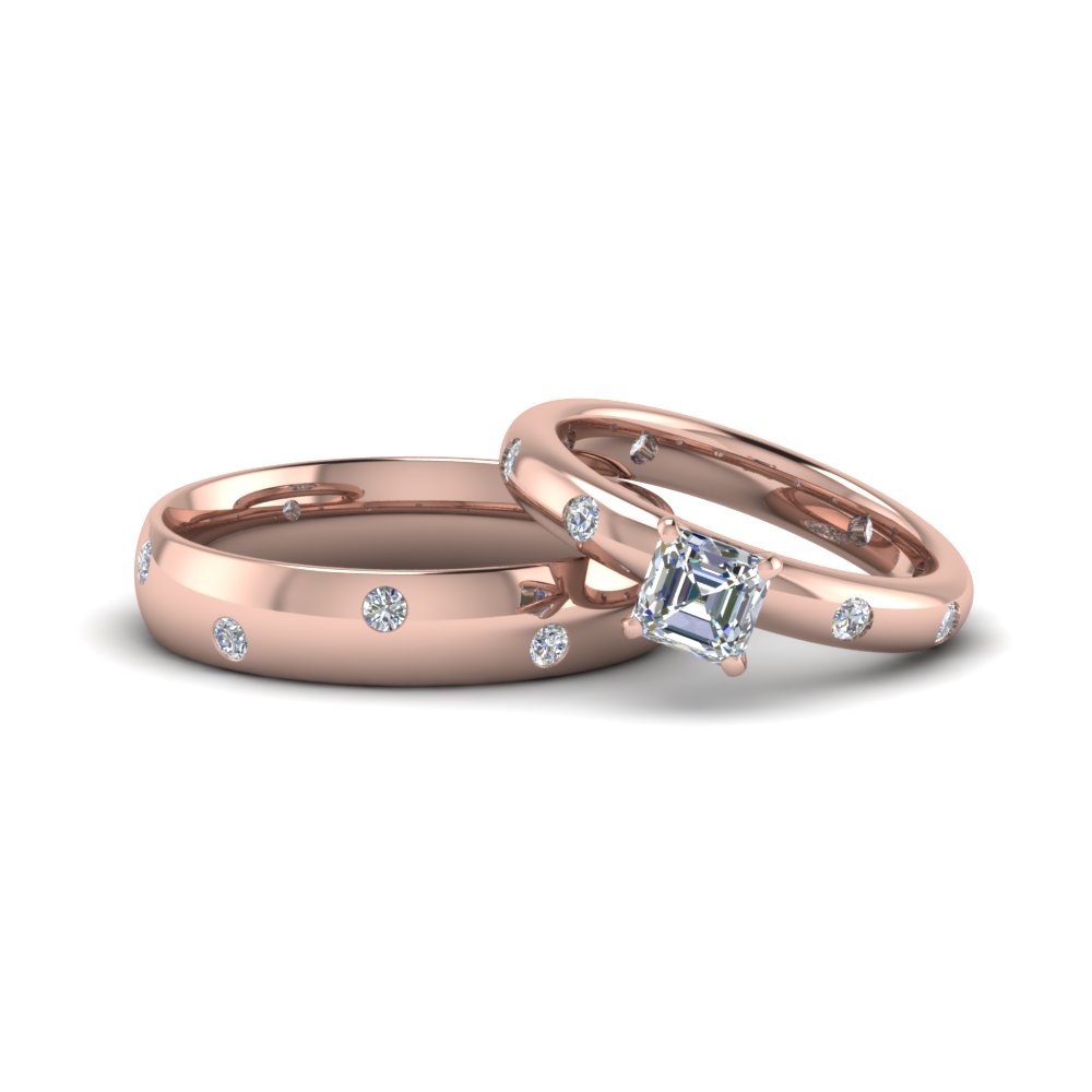  Couple Wedding Rings His And Hers Matching Sets with White Diamond 14K Rose Gold