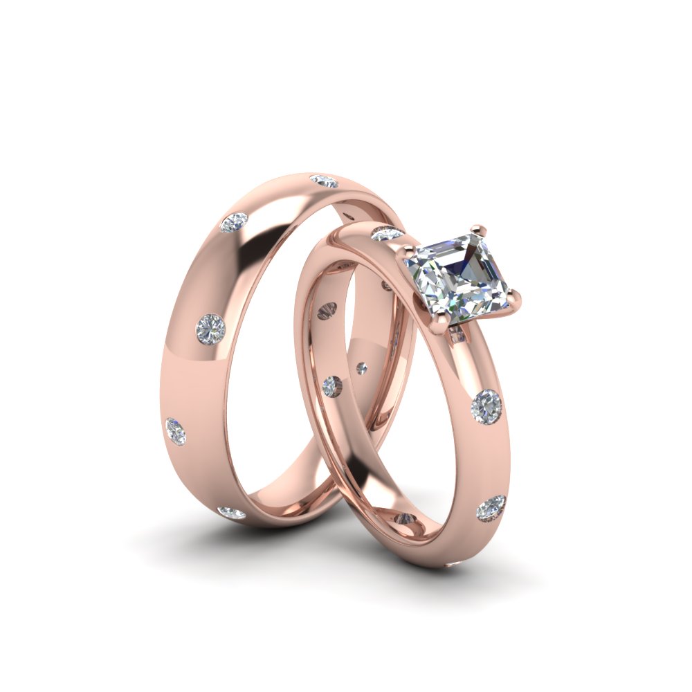  Couple Wedding Rings His And Hers Matching Sets with White Diamond 14K Rose Gold