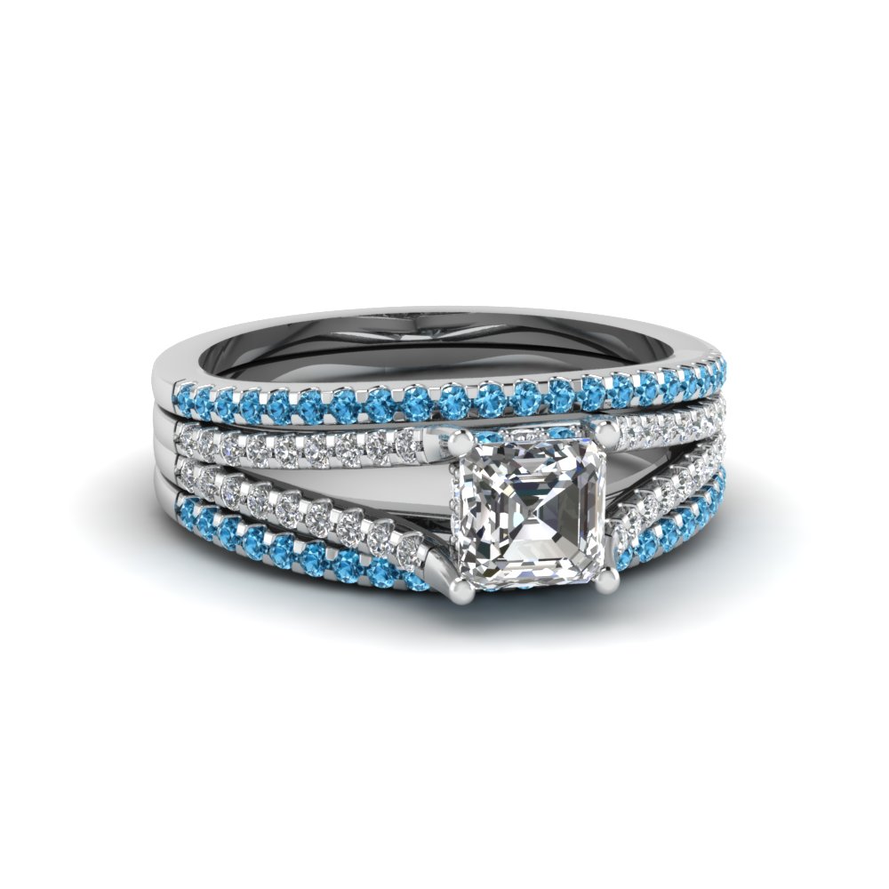 Asscher Cut Diamond Trio Bridal Sets For Women With Ice Blue Topaz In ...