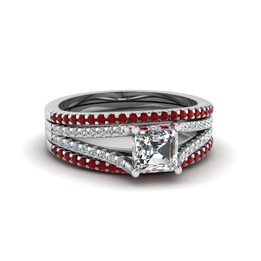 Asscher Cut Diamond Trio Bridal Sets For Women With Ruby In 950