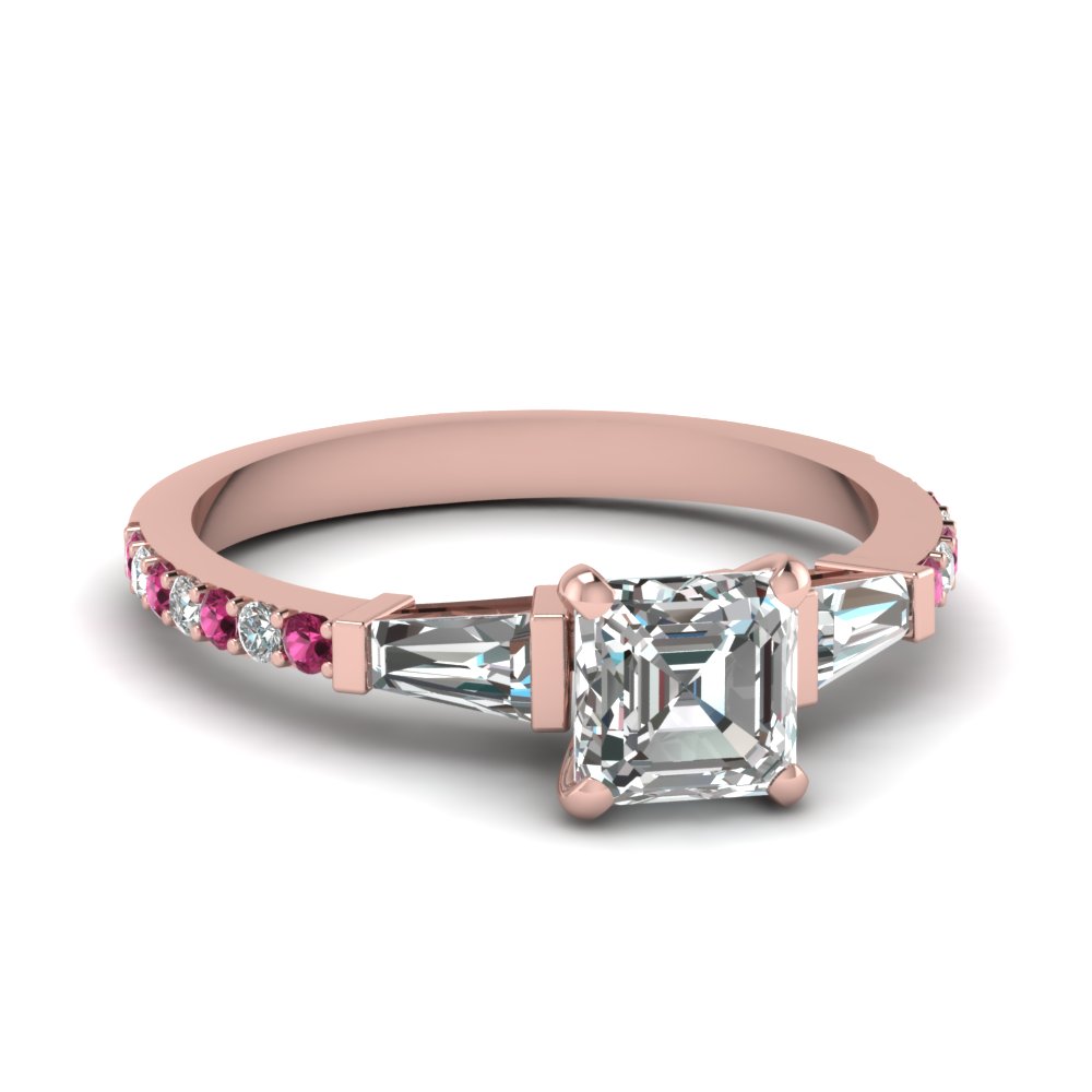 3 stone baguette asscher lab diamond engagement ring with pink sapphire in FDENS1099ASRGSADRPI NL RG