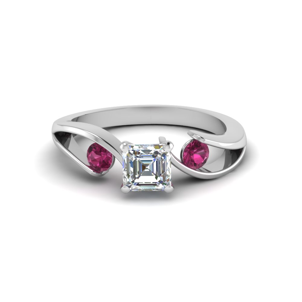 Tension Set Asscher Cut 3 Stone Engagement Ring With Pink Sapphire In ...