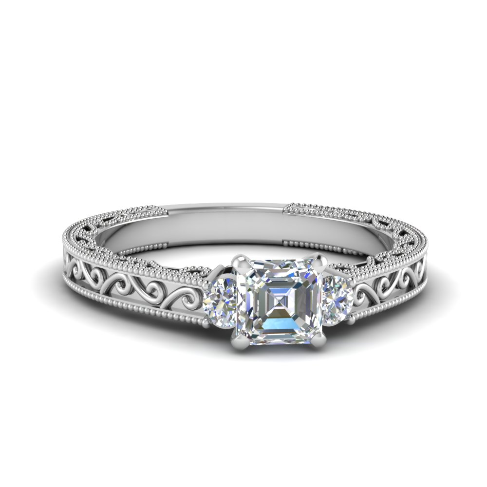 asscher cut diamond filigree three stone engagement ring in FD69806ASR NL WG