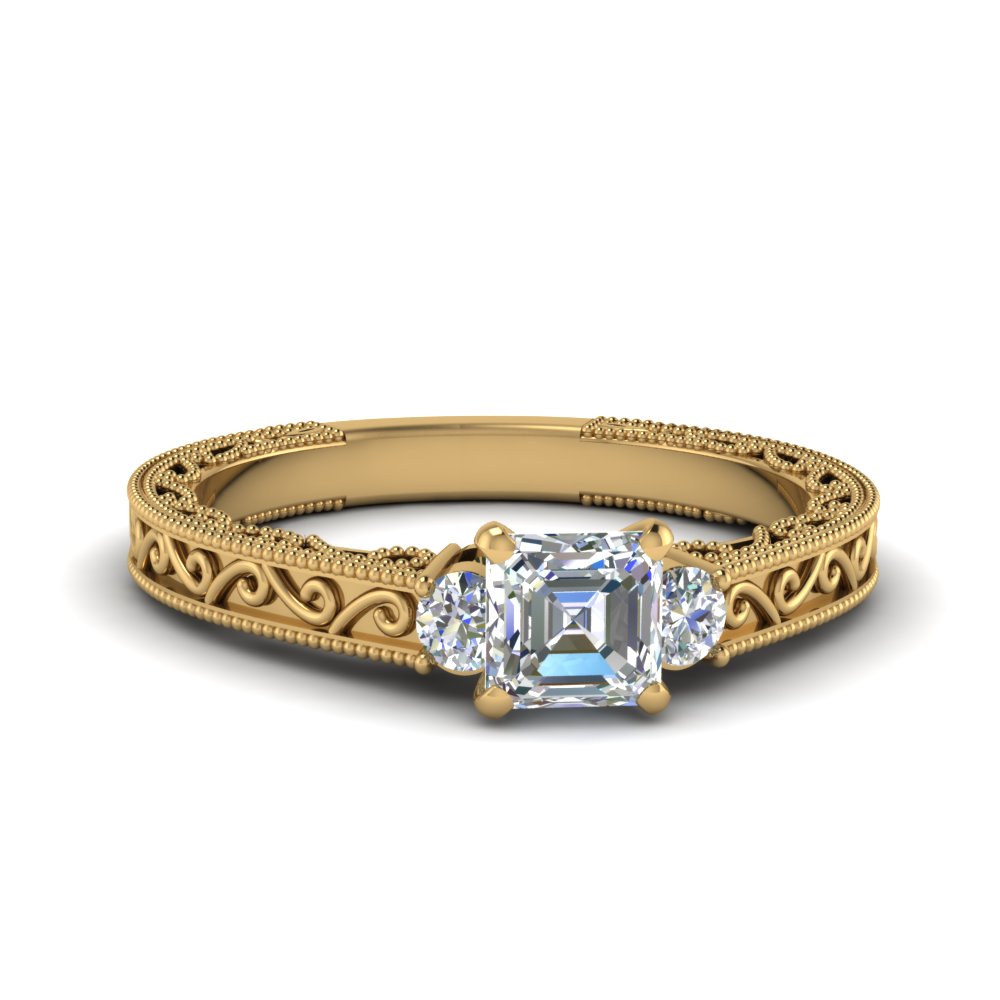 asscher cut diamond 3 stone engagement rings with white diamond in 14k yellow gold - Wedding Rings Yellow Gold asscher cut diamond 3 stone engagement rings with white diamond in 14k yellow gold - Wedding Rings Yellow Gold