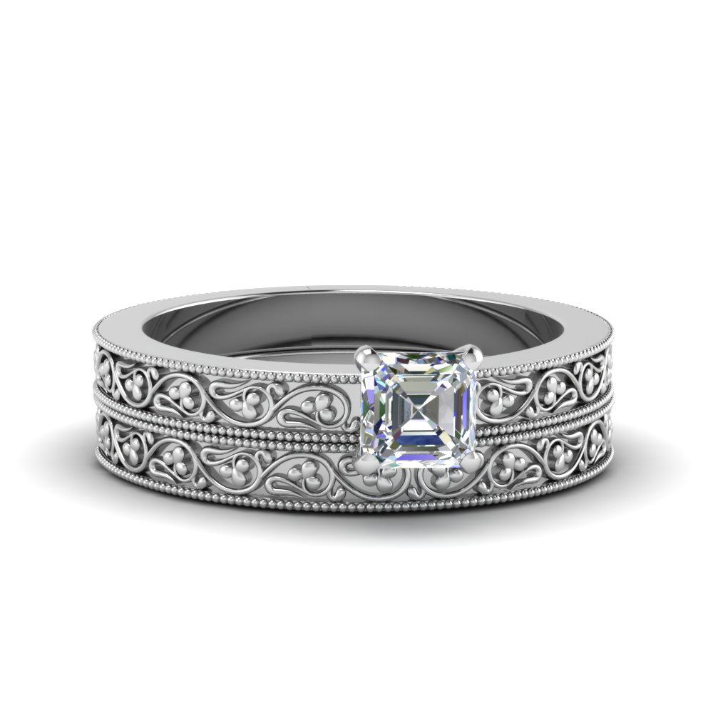asscher cut diamond filigree vintage engagement ring with matching band in 14K white gold FDENS3627AS NL WG