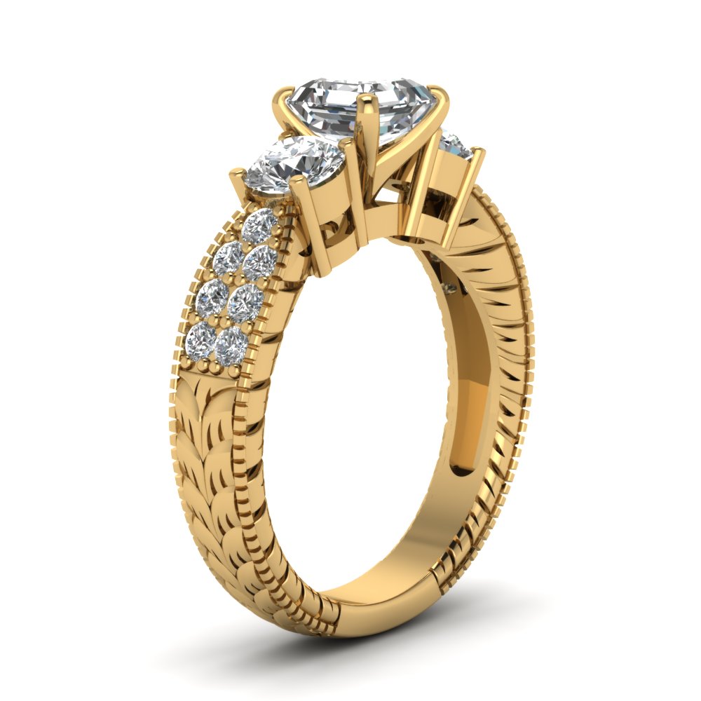Asscher Cut Vintage Handmade 3 Stone Diamond Ring In 14K Yellow Gold ...