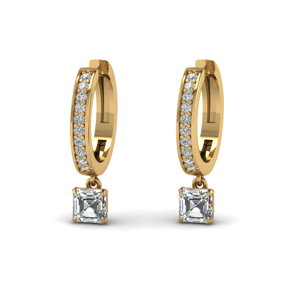 Asscher Cut Diamond Drop Hoop Earring In 14K Yellow Gold | Fascinating ...