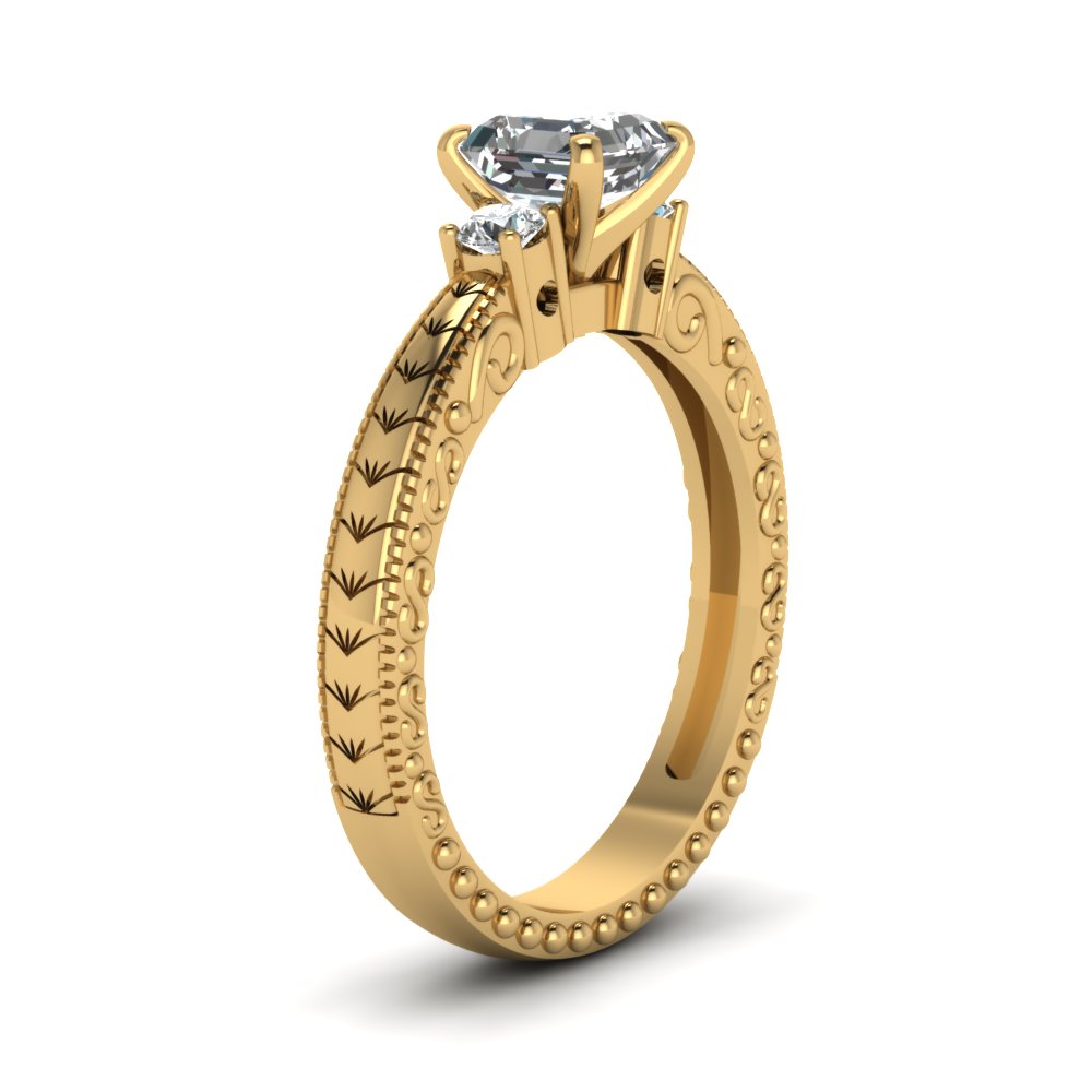 Hand Engraved 3 Stone Asscher Cut Engagement Ring In 14K Yellow Gold ...