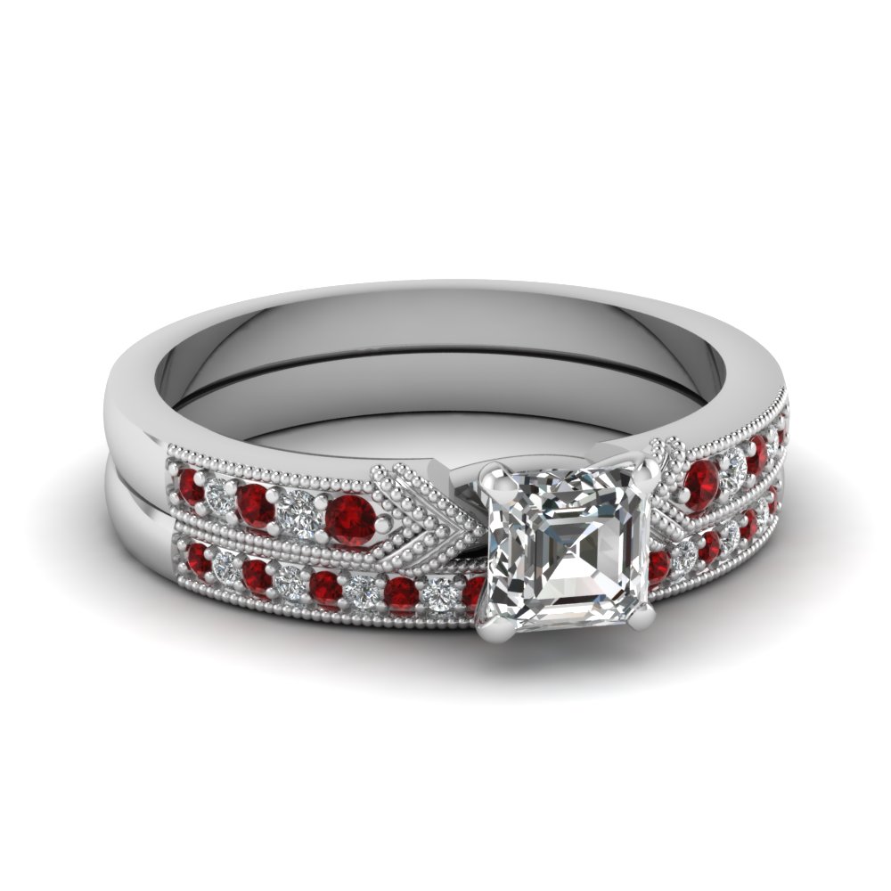 antique pave asscher diamond wedding ring set with ruby in FD68356ASGRUDR NL WG