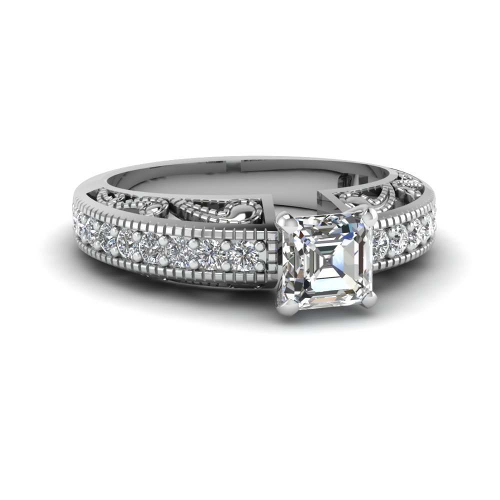 asscher cut diamond milgrain paisley side stone engagement ring in FDENS613ASR NL WG