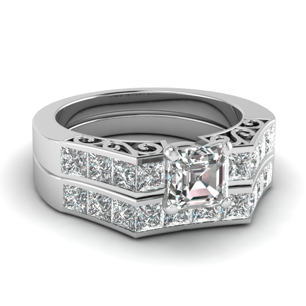 Channel Diamond Asscher Cut Vintage Bridal Set In 14K White Gold ...