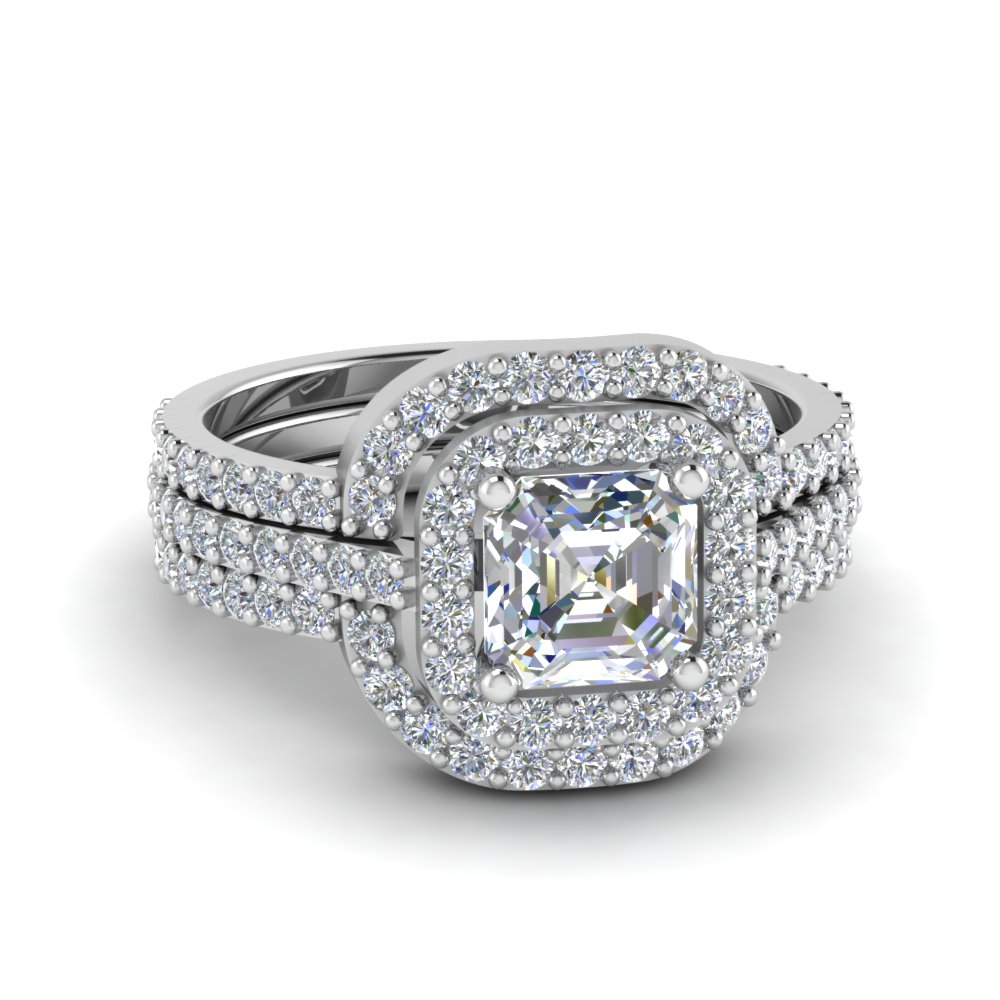 asscher cut double halo trio engagement diamond ring sets in 14k white gold fd8186tas nl wg - Halo Wedding Ring Sets asscher cut double halo trio engagement diamond ring sets in 14k white gold fd8186tas nl wg - Halo Wedding Ring Sets