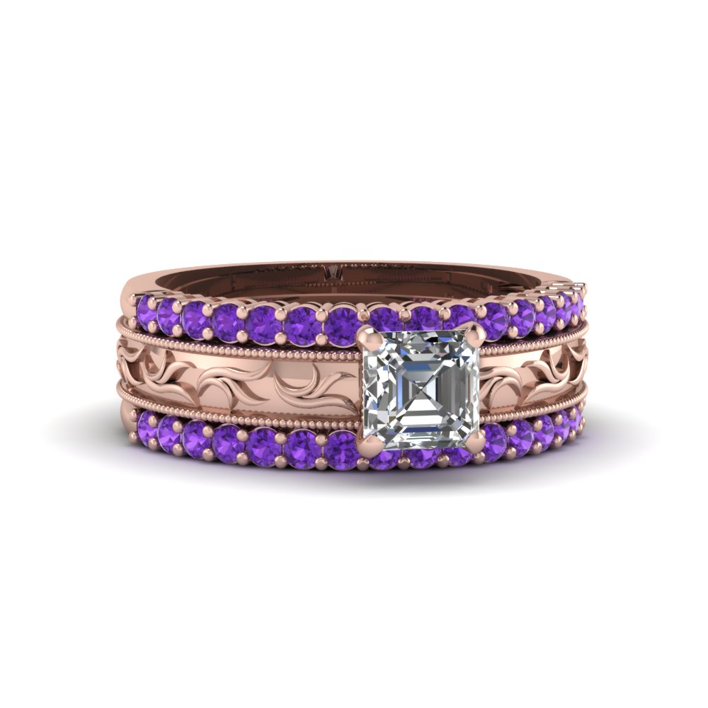 Asscher Shaped Filigree Engraved Trio Wedding Ring Set with Purple Amethyst in 14K Rose Gold