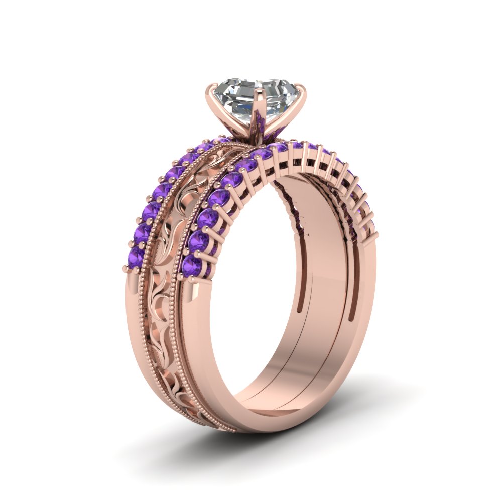 Asscher Shaped Filigree Engraved Trio Wedding Ring Set with Purple Amethyst in 14K Rose Gold