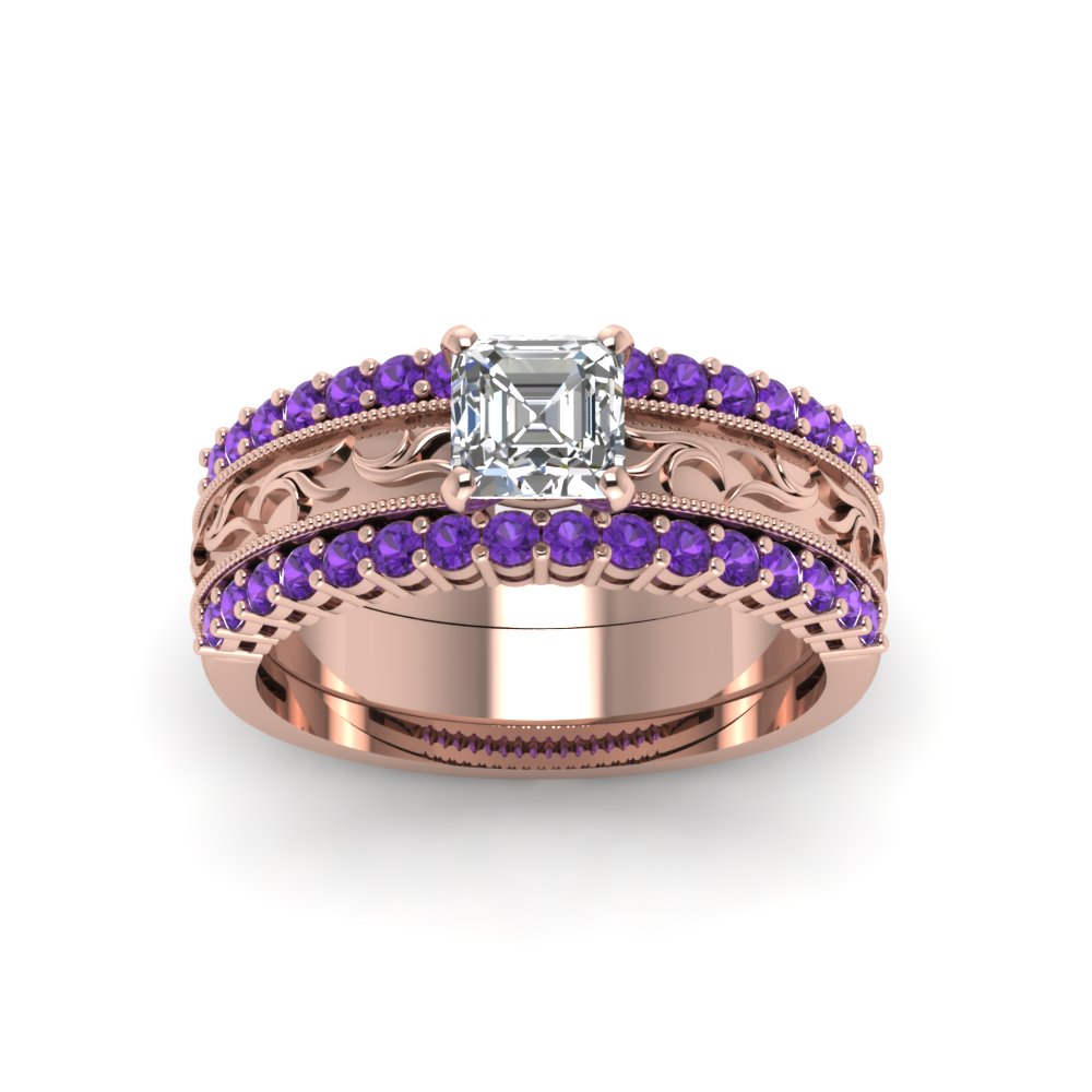 Asscher Shaped Filigree Engraved Trio Wedding Ring Set with Purple Amethyst in 14K Rose Gold