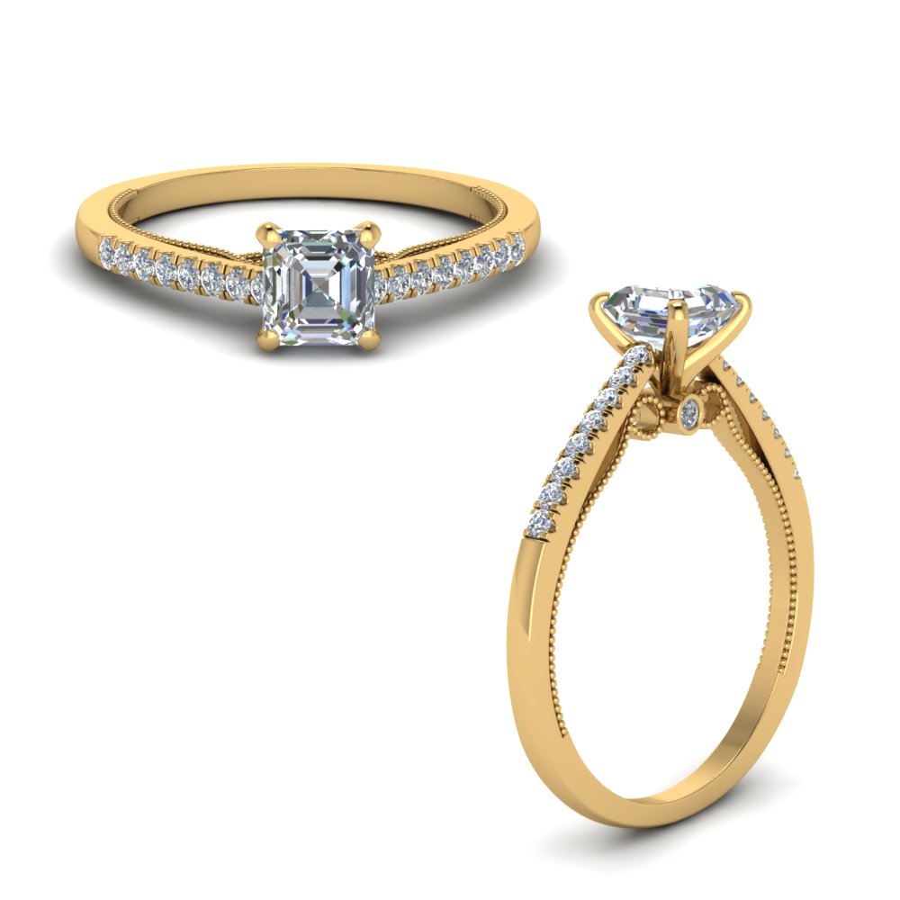 asscher cut high set milgrain diamond engagement ring in FDO50845ASRANGLE1 NL YG