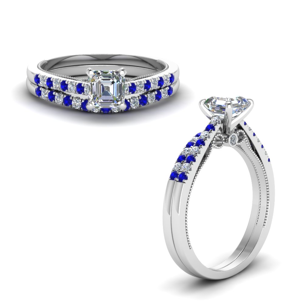 asscher cut high set milgrain diamond wedding ring set with sapphire in FDO50845ASGSABLANGLE1 NL WG