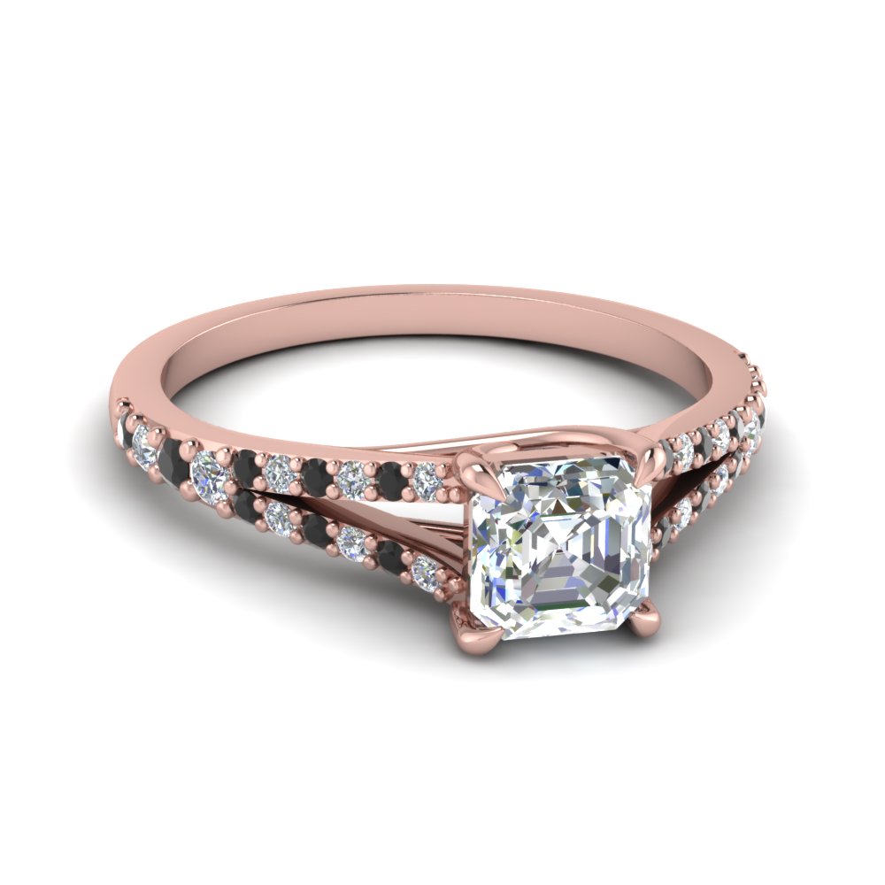 Asscher Shaped Lucida Square Split Shank Ring with Black Diamond in 14K Rose Gold