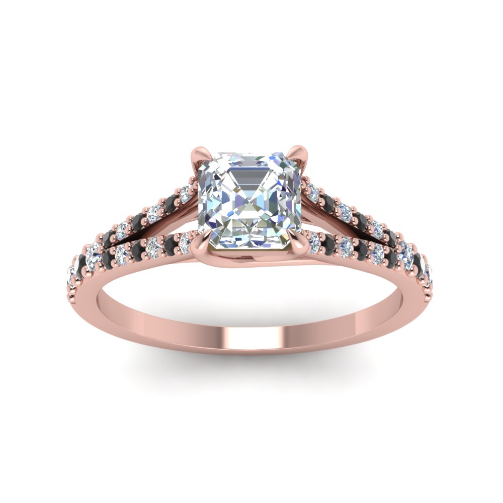 Asscher Shaped Lucida Square Split Shank Ring with Black Diamond in 14K Rose Gold