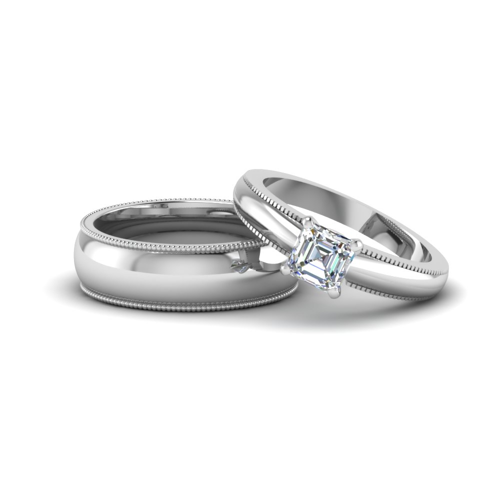 Cher Cut Matching Wedding Anniversary Ring With Band For Him And Cher Cut Matching Wedding Anniversary Ring With Band For Him And Her In 18k White Gold