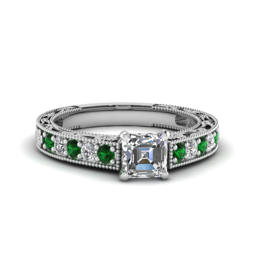 asscher cut milgrain pave diamond engagement ring with emerald in FDENS3506ASRGEMGR NL WG