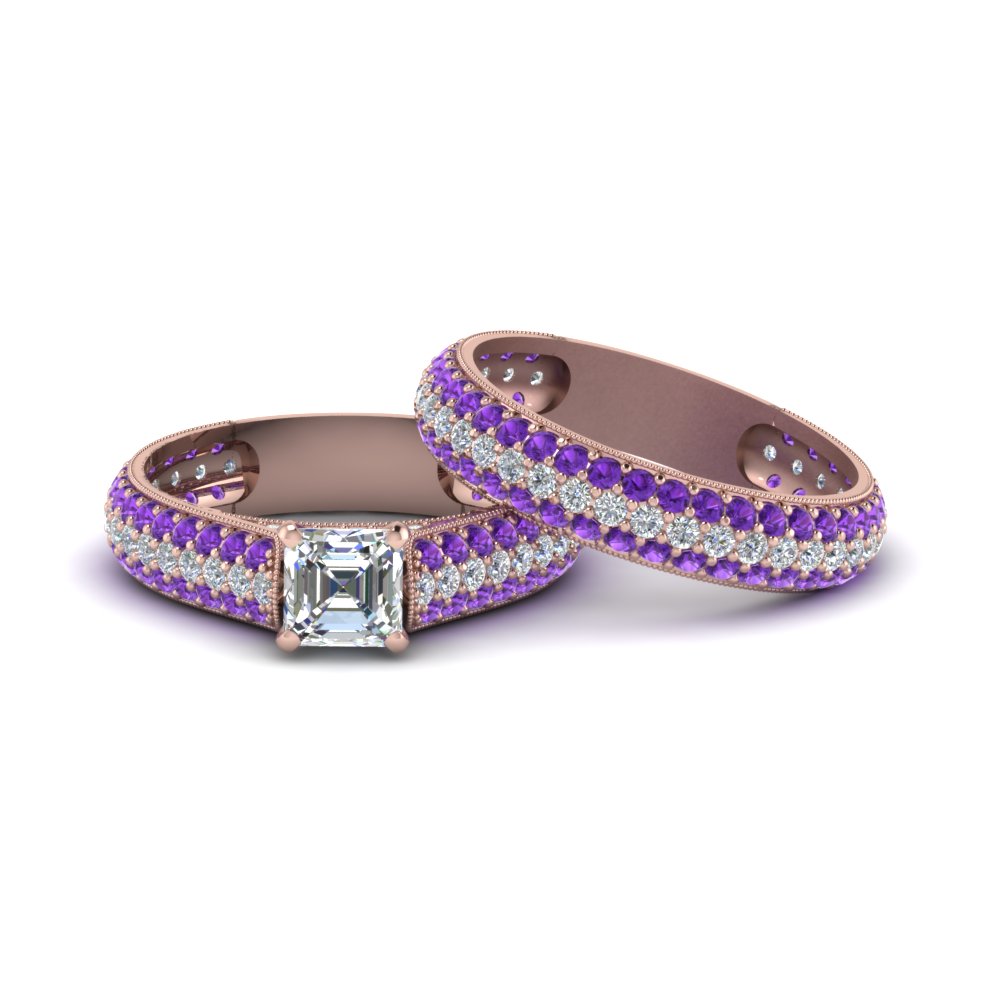 Asscher Shaped Multi Row Bridal Set For Women with Purple Amethyst in 14K Rose Gold