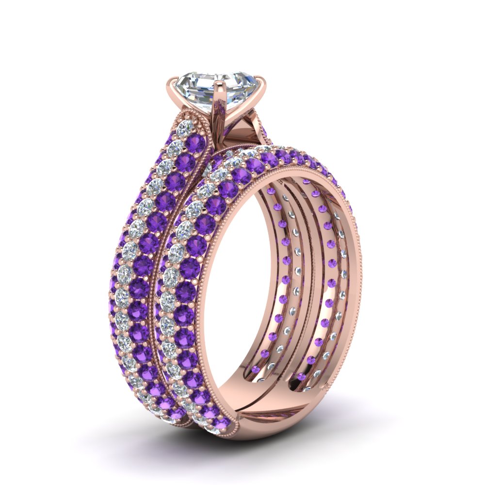 Asscher Shaped Multi Row Bridal Set For Women with Purple Amethyst in 14K Rose Gold