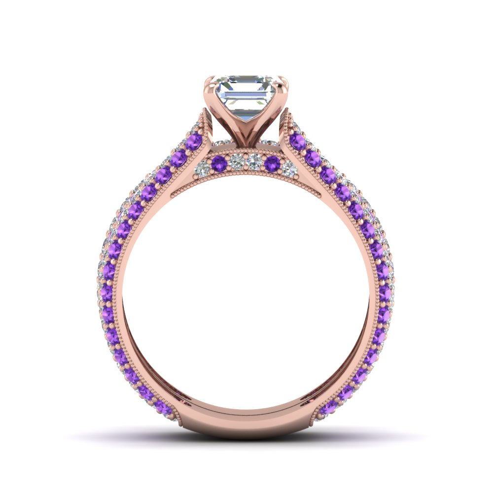 Asscher Shaped Multi Row Bridal Set For Women with Purple Amethyst in 14K Rose Gold