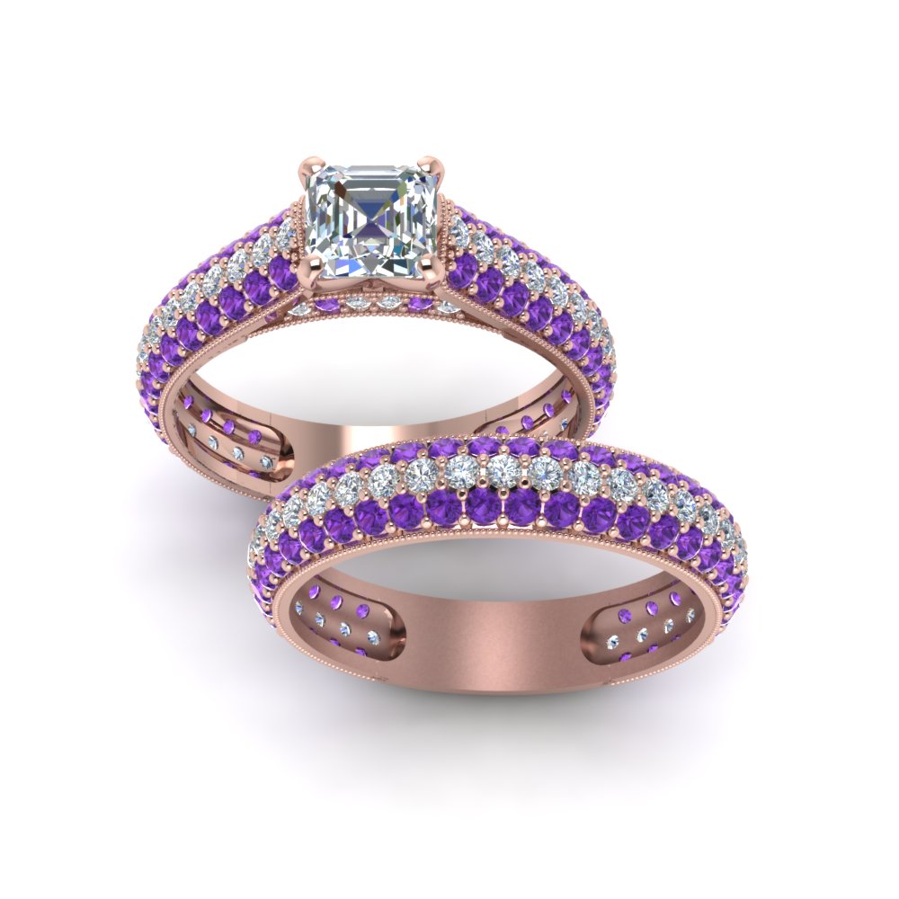 Asscher Shaped Multi Row Bridal Set For Women with Purple Amethyst in 14K Rose Gold