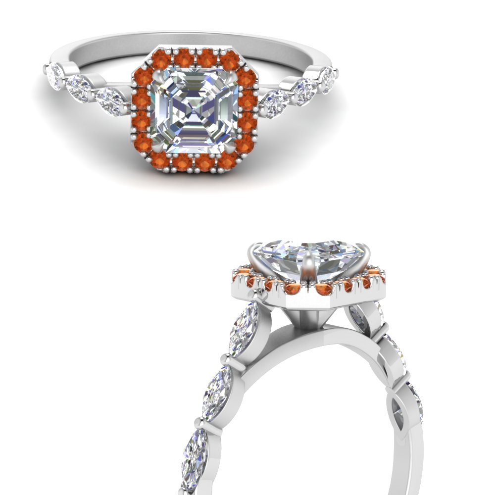 asscher cut orange sapphire halo petite moissanite engagement ring with marquise in 14K white gold FDENS3162ASRGSAORANGLE3 NL WG