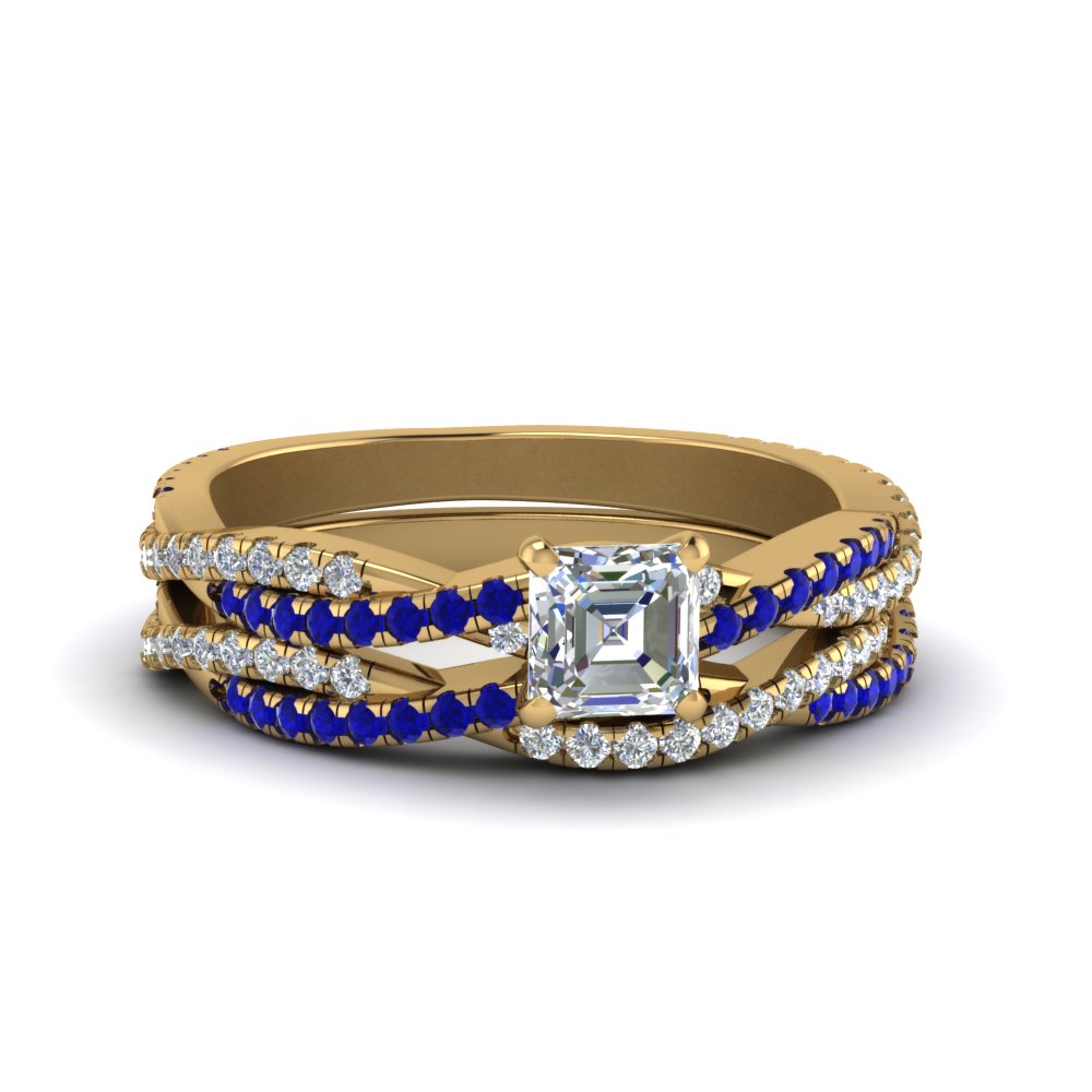 asscher cut simple diamond twisted vine bridal ring set with sapphire in 14K yellow gold FD8233ASGSABL NL YG