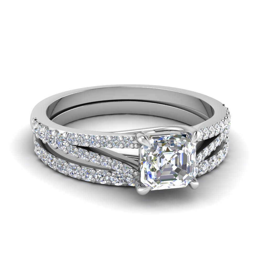 Asscher Cut Split Band Petite Diamond Wedding Set In 14K White Gold ...