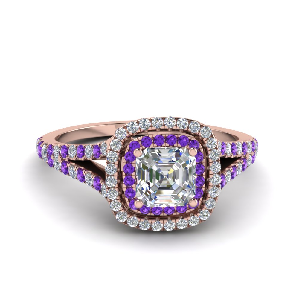 Asscher Shaped Split Square Double Halo Ring with Purple Amethyst in 14K Rose Gold