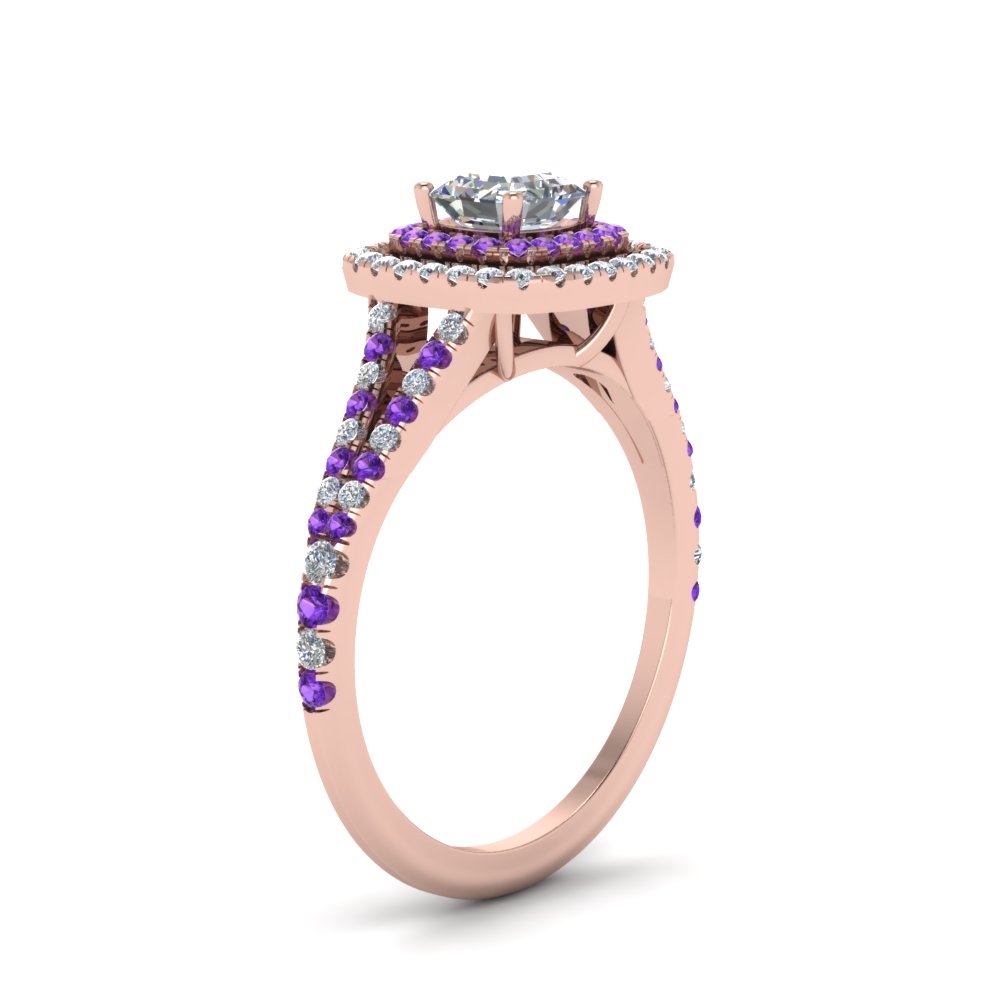 Asscher Shaped Split Square Double Halo Ring with Purple Amethyst in 14K Rose Gold