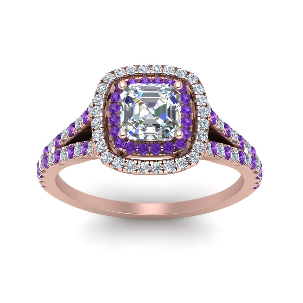 Asscher Shaped Split Square Double Halo Ring with Purple Amethyst in 14K Rose Gold