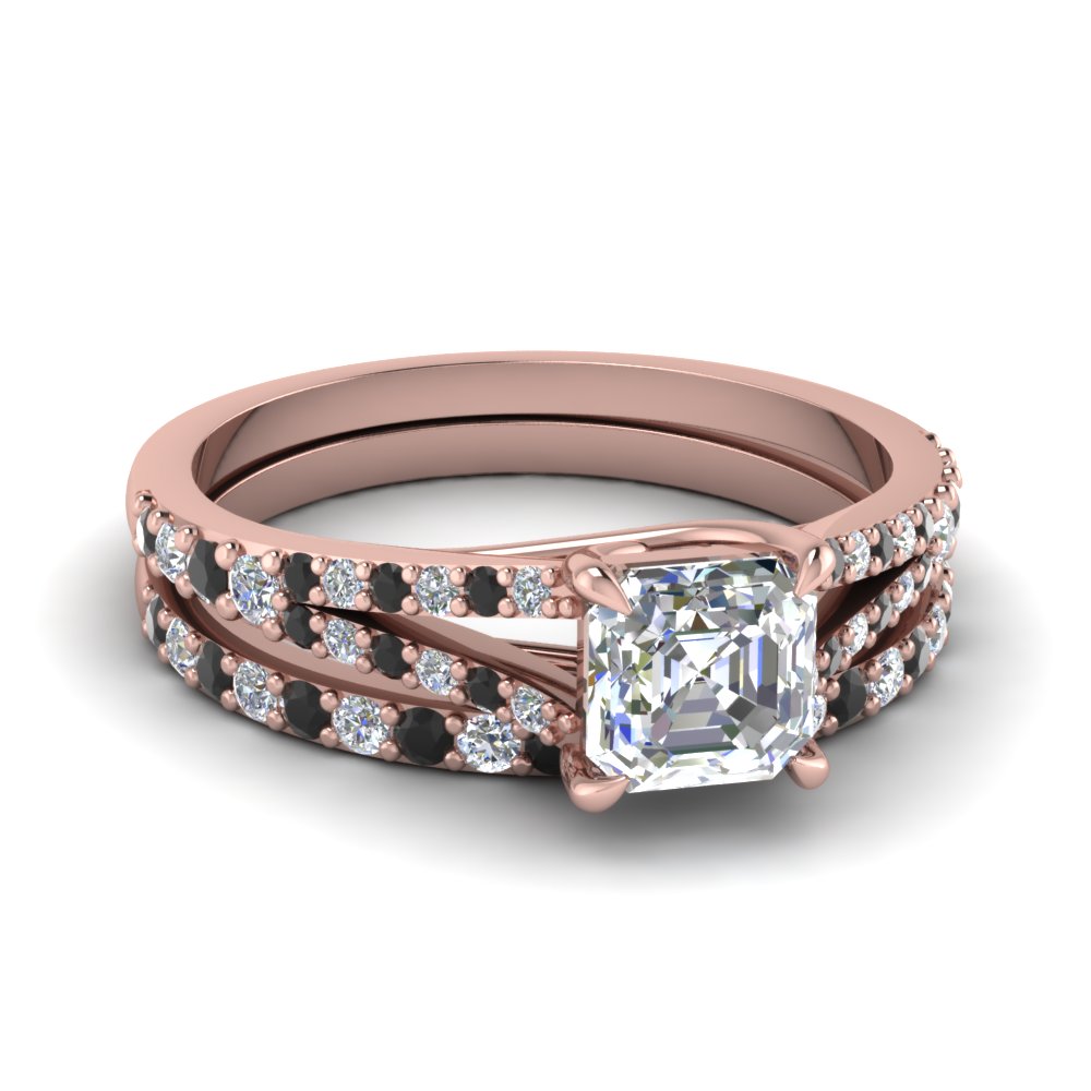 Asscher Shaped Split Shank Square Bridal Rings with Black Diamond in 14K Rose Gold