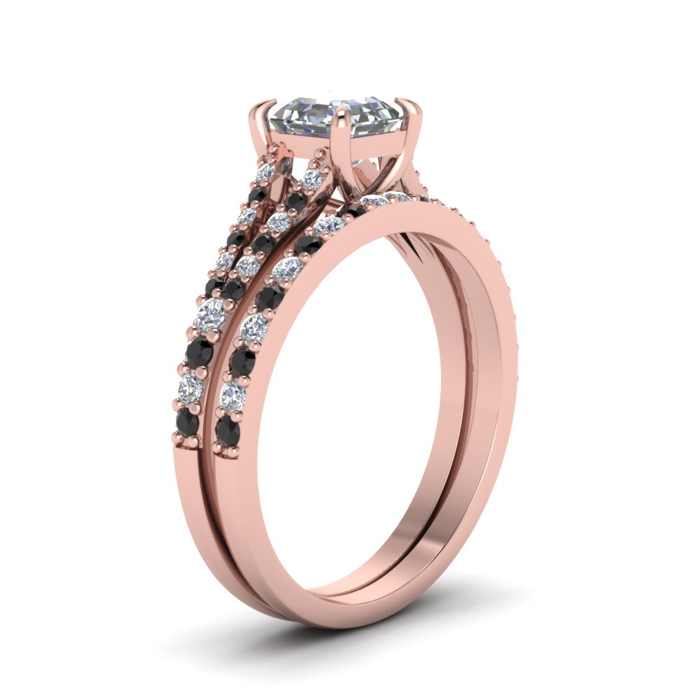 Asscher Shaped Split Shank Square Bridal Rings with Black Diamond in 14K Rose Gold