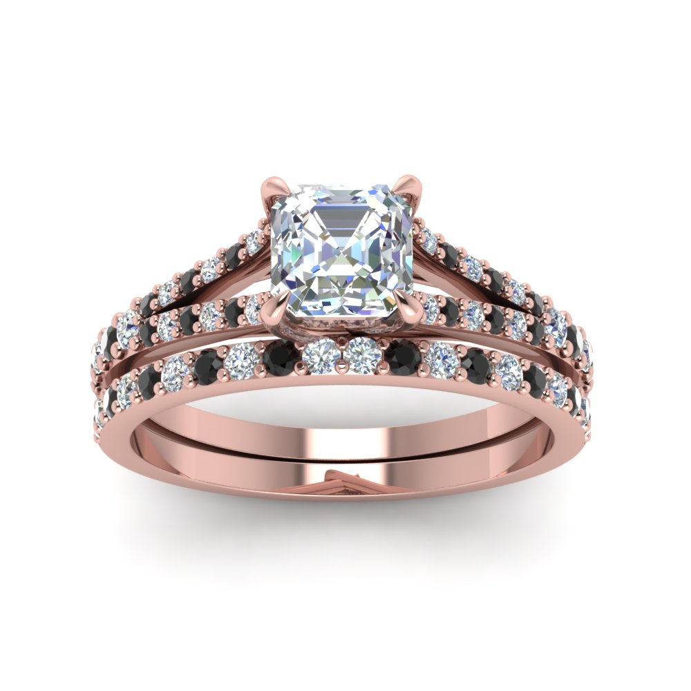 Asscher Shaped Split Shank Square Bridal Rings with Black Diamond in 14K Rose Gold