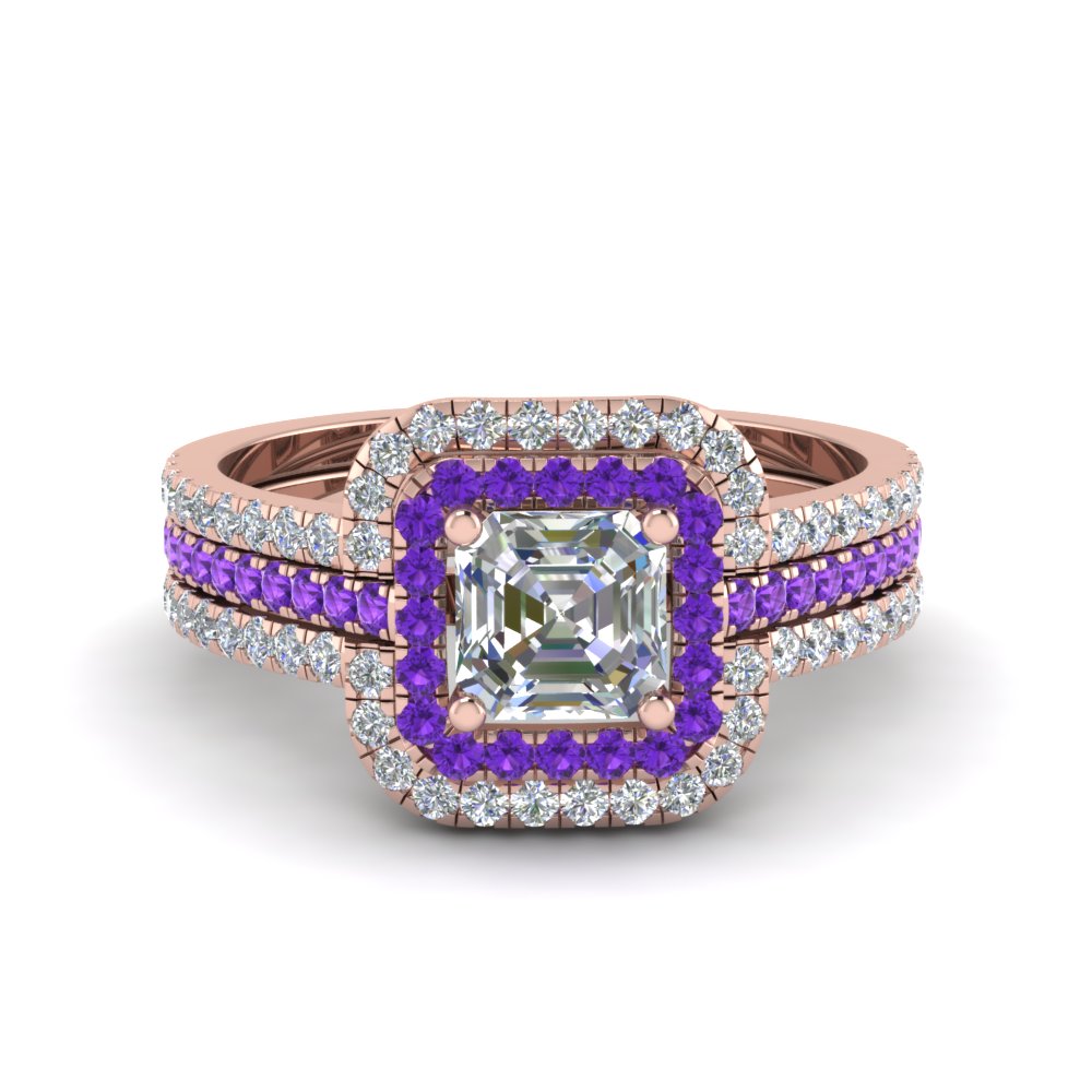 Asscher Shaped Curved Square Halo Trio Ring Set with Purple Amethyst in 14K Rose Gold