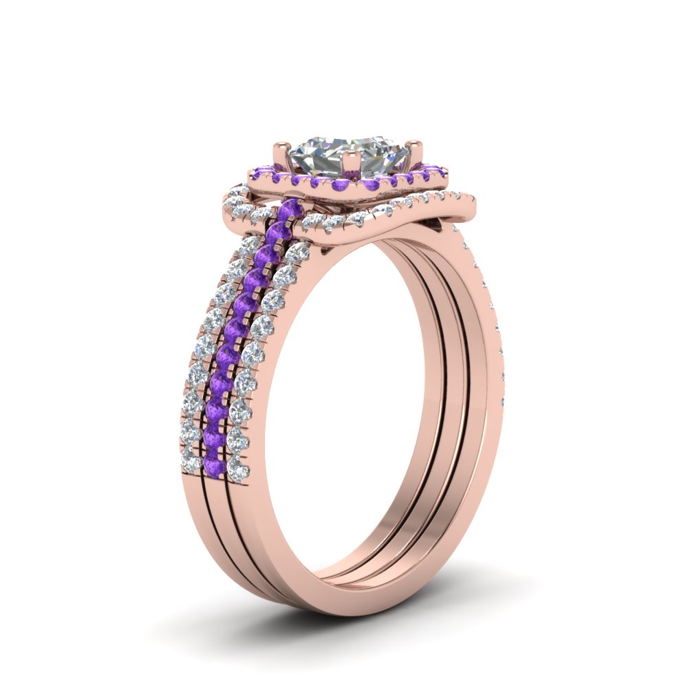 Asscher Shaped Curved Square Halo Trio Ring Set with Purple Amethyst in 14K Rose Gold