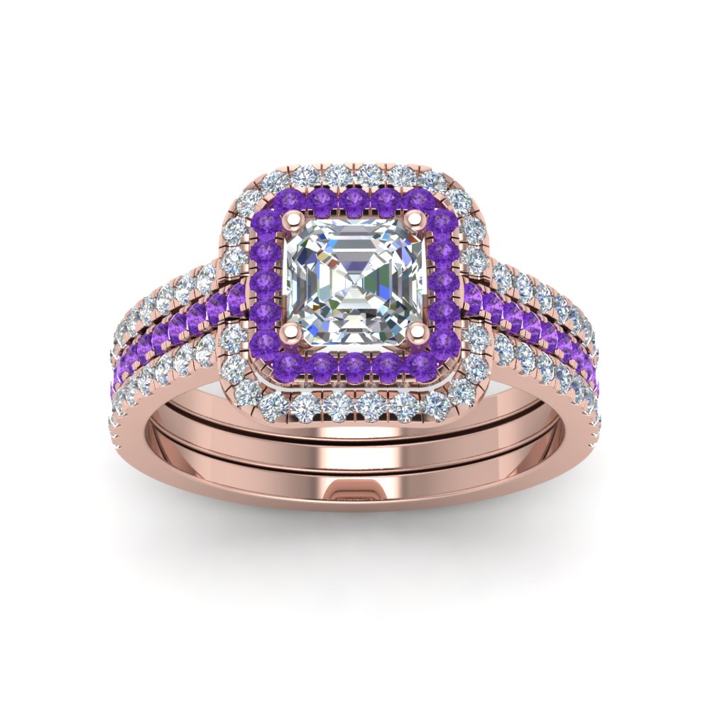 Asscher Shaped Curved Square Halo Trio Ring Set with Purple Amethyst in 14K Rose Gold