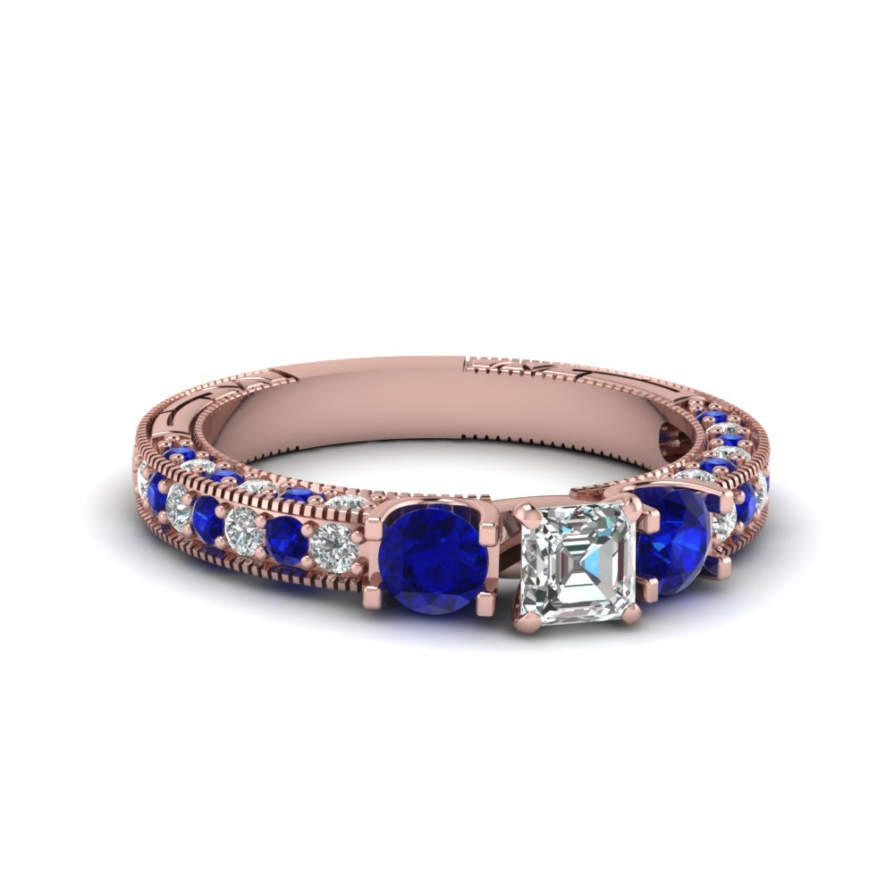 14K Rose Gold Sapphire & Asscher Diamond Ring Vintage