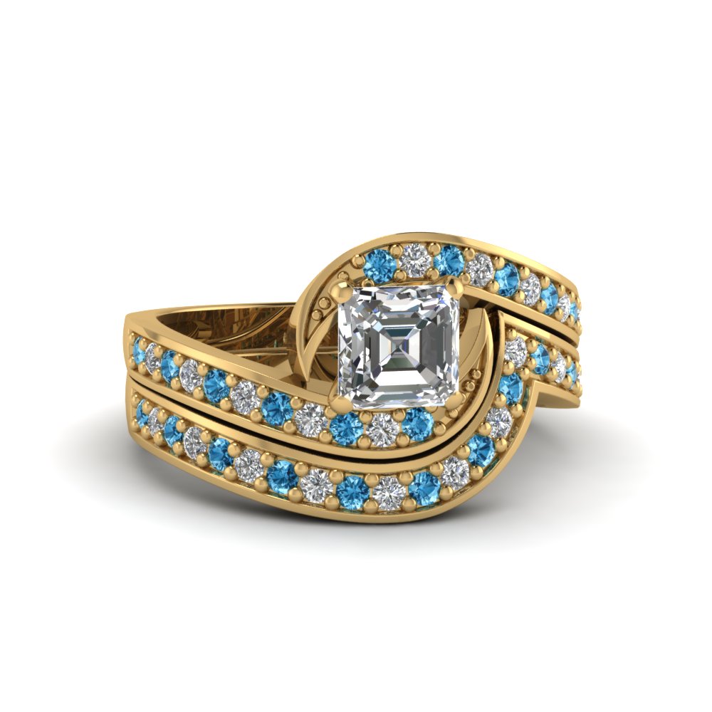 asscher cut diamond wedding ring sets with ice blue topaz in 14k yellow gold - Blue Topaz Wedding Rings asscher cut diamond wedding ring sets with ice blue topaz in 14k yellow gold - Blue Topaz Wedding Rings